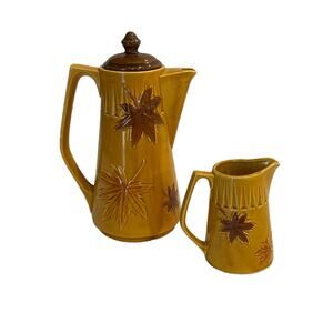 VTG MCM Japan Maple Leaf Ceramic Coffee Pot & Creamer Set Brown & Mustard Yellow